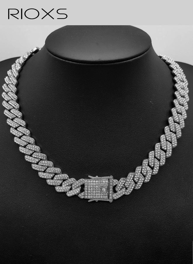 RIOXS Unisex Hip-Hop Cuban Chain Necklace, 14mm-wide Diamond-Cut Geometric Rhinestone Design, Alloy Material with Diamond-Studded Pendant, Streetwear Fashion Piece, Sliver - Image 1